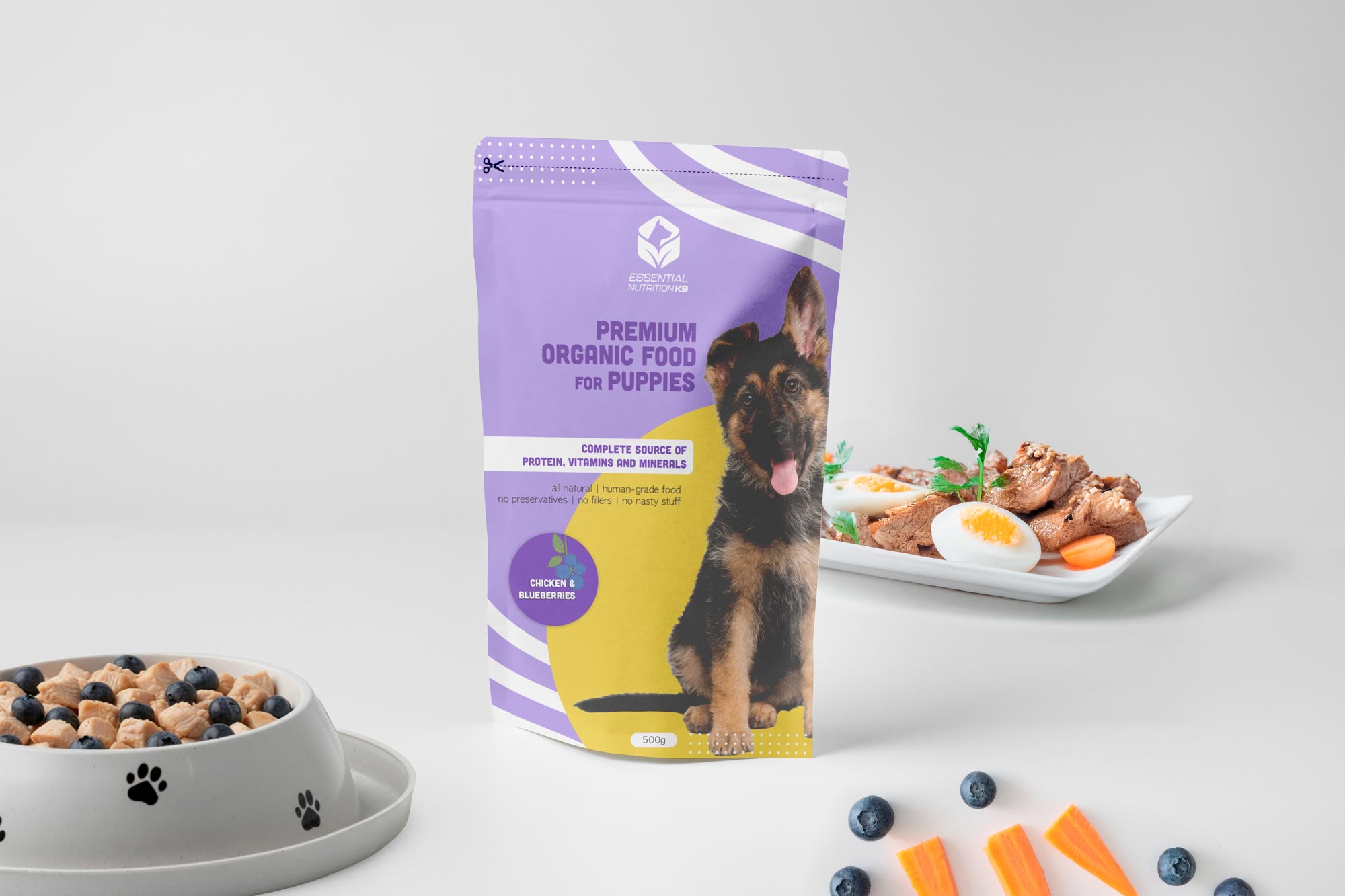 Essential Nutrition K9 Chicken Blueberries packaging mockup