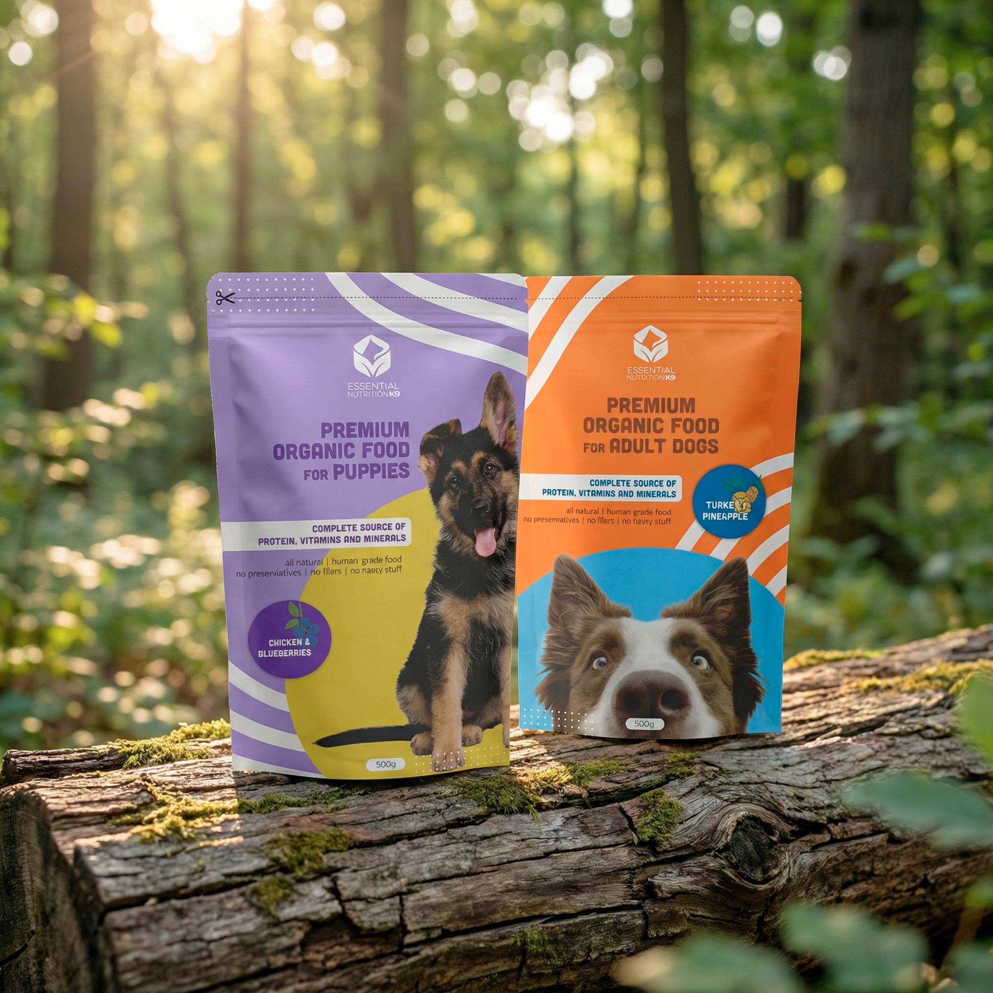 Essential Nutrition K9 product range — two flavours