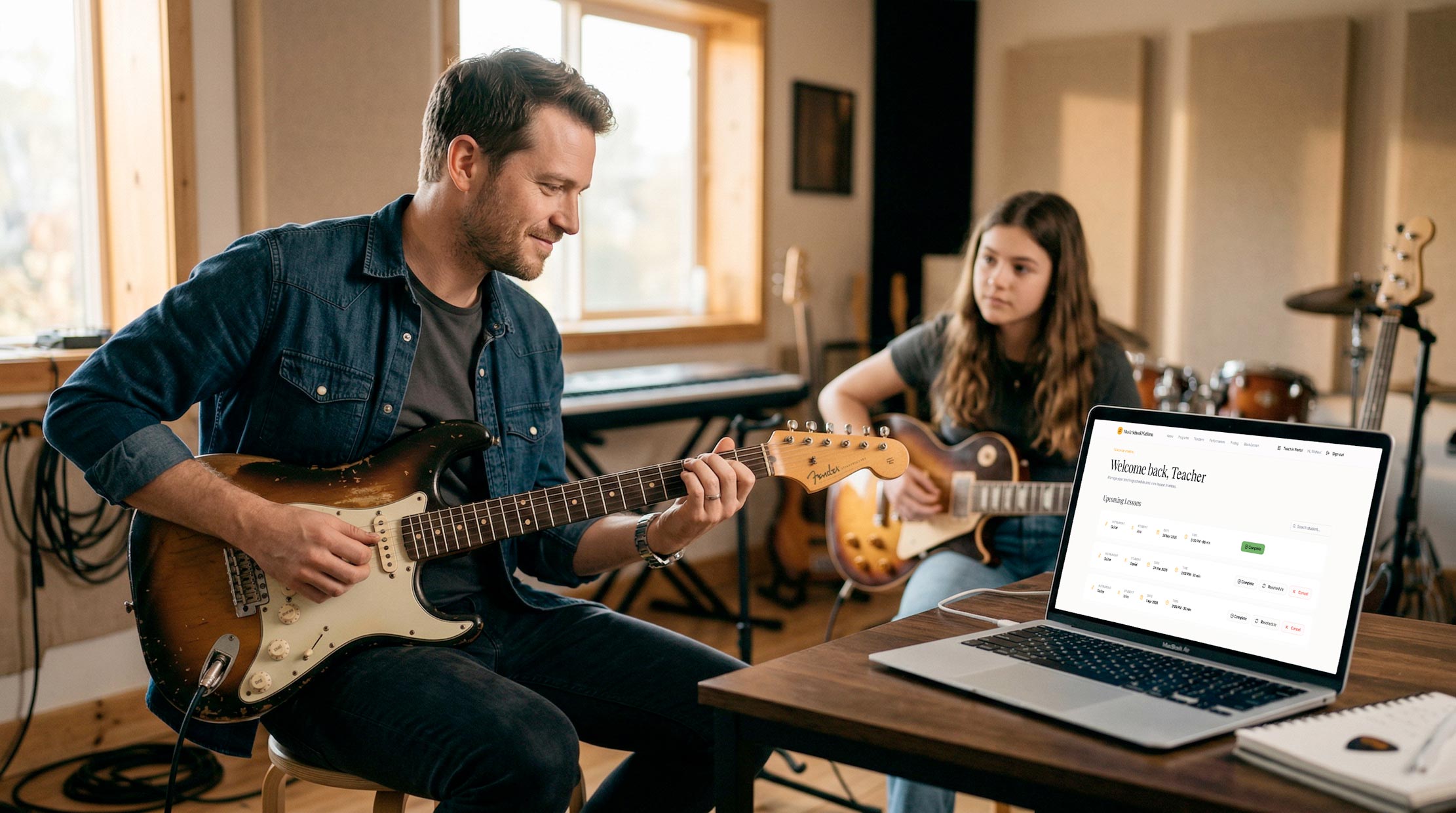 Guitar teacher and student using SessionDock staff portal on laptop